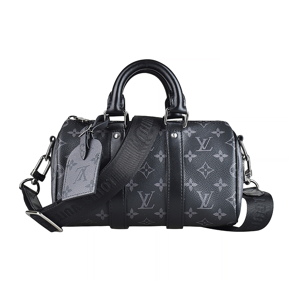 LV M46271 KEEPALL BANDOULIERE 25黑字LOGO緹花Monogram Eclipse Reverse塗層帆布拉鍊手提斜背波士頓包(灰黑)