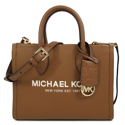 MICHAEL KORS Mirella 品牌大標鵝卵石紋皮革小手提肩斜兩用包(馬鞍棕色/小)