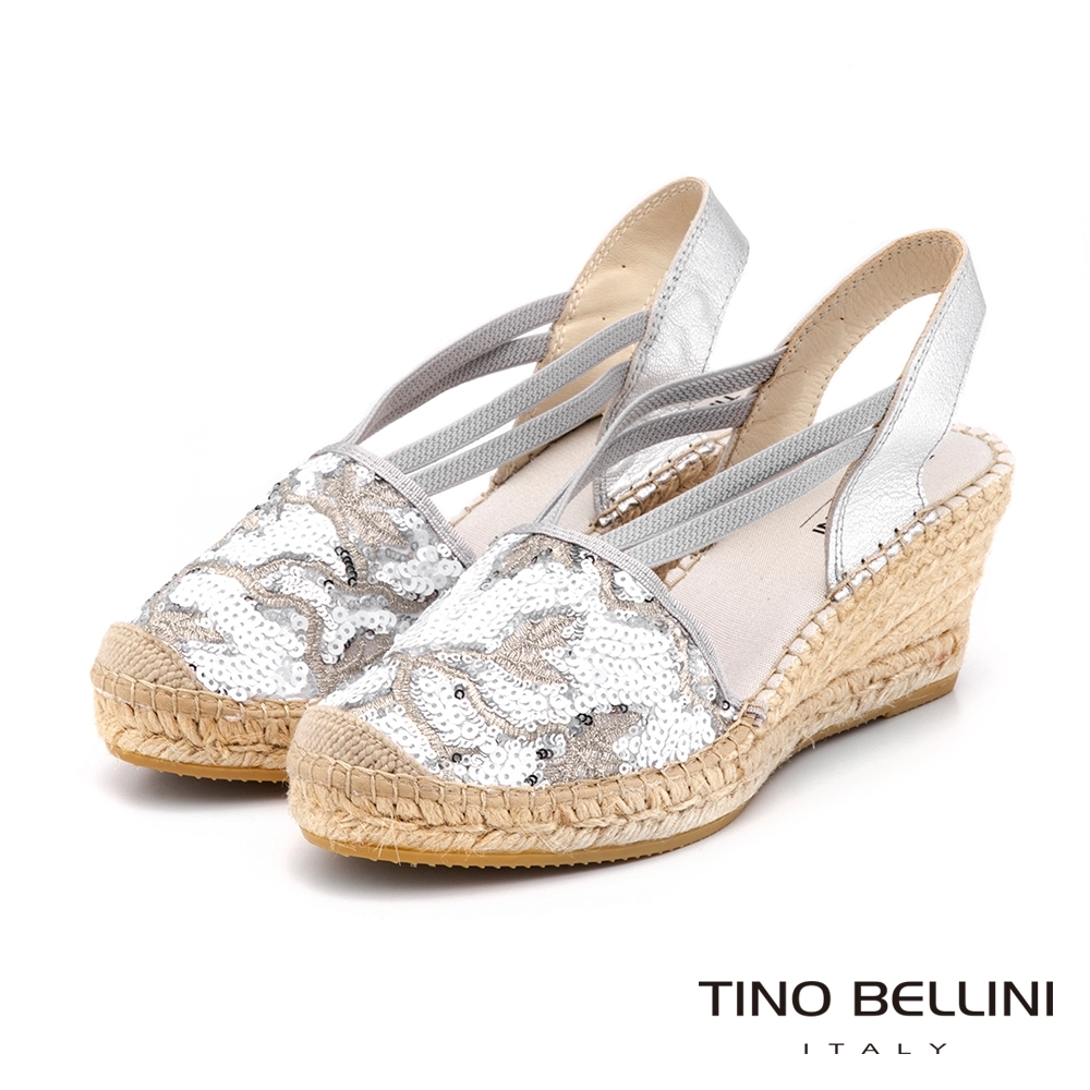 Tino Bellini西班牙進口華麗亮片圖騰麻編楔型涼鞋_銀白