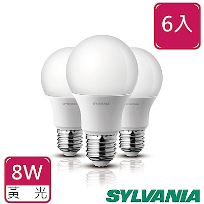 SYLVANIA喜萬年 8W LED超亮廣角燈泡6入-黃光3000K