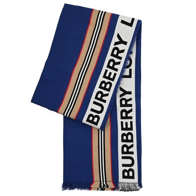 BURBERRY 英字LOGO圖樣條紋棉質長圍巾/披肩(藍)
