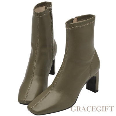 【Grace Gift】俐落方頭中高跟襪靴 綠
