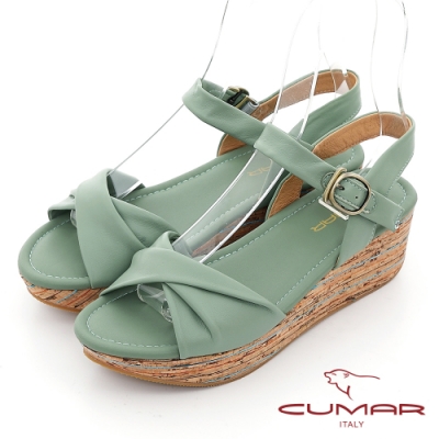 【CUMAR】波西米亞風扭轉一字帶坡跟涼鞋-綠