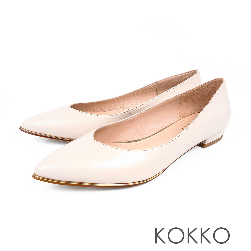 KOKKO- 愛的練習題真皮V口尖頭平底鞋-簡約米