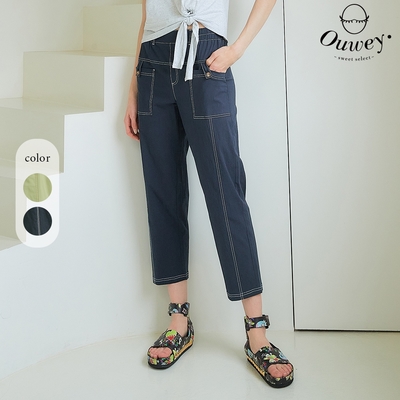 OUWEY歐薇 時尚簡約撞色車線造型鬆緊長褲(兩色；S-L)3232256621