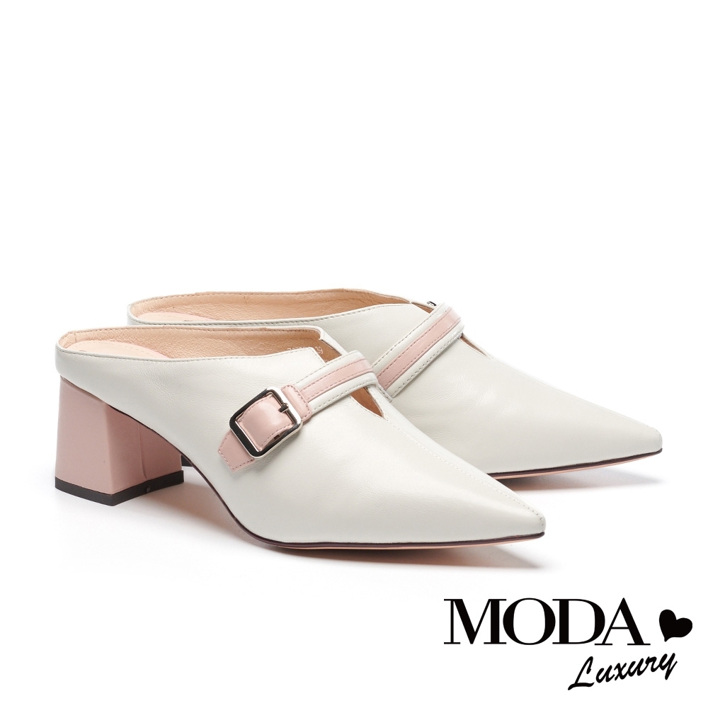拖鞋 MODA Luxury 都會小復古羊皮尖頭高跟穆勒拖鞋－米白