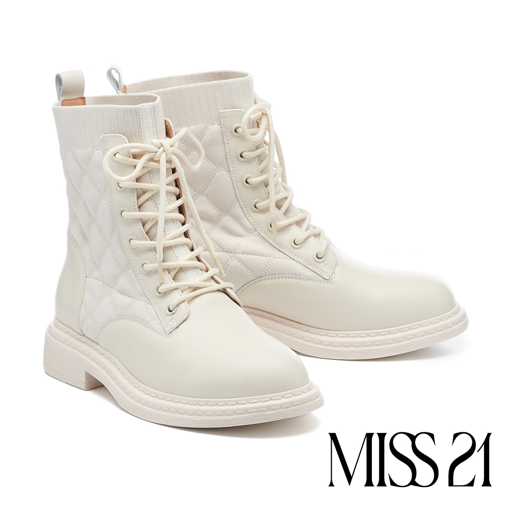 短靴 MISS 21 街頭感菱格紋彈力飛織拼接牛皮綁帶厚底短靴－白
