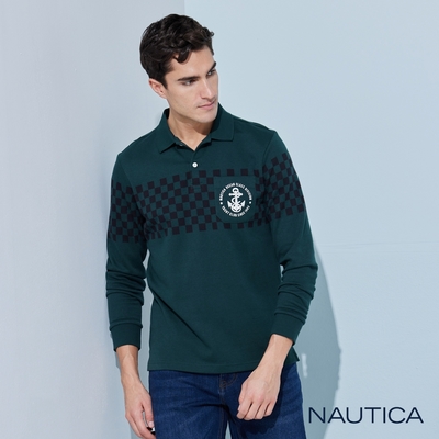 Nautica男裝 品牌LOGO小方格長袖POLO衫-綠