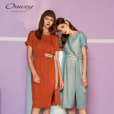 OUWEY歐薇 萊賽爾纖維條紋腰帶洋裝(藍/磚)