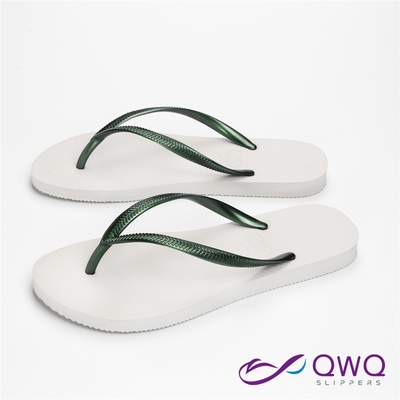 QWQ女生素面防滑夾腳拖-Slim跳色系列-白底綠帶-時尚休閒涼拖鞋(AAAA11112)