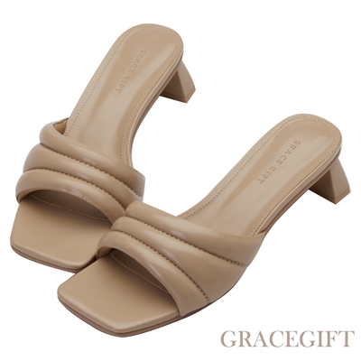 【Grace Gift】甜美雲朵方頭中跟拖鞋 卡其