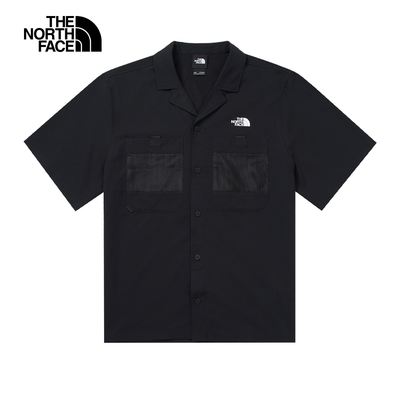 【The North Face 官方旗艦】北面男款黑色吸濕排汗防曬胸前口袋短袖襯衫｜83TPJK3