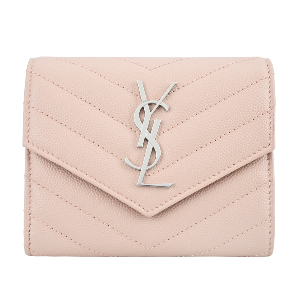 YSL MONOGRAM V字縫線魚子醬牛皮拉鍊短夾(粉/銀)