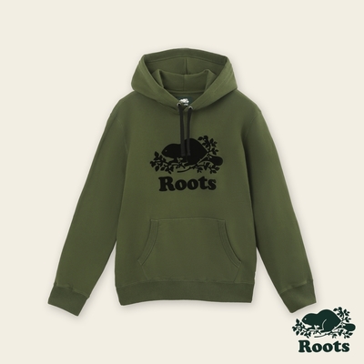 Roots男裝-絕對經典系列 海狸LOGO刷毛布連帽上衣-苔蘚綠