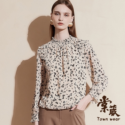 【TOWNWEAR棠葳】時髦印花荷葉拼接剪花上衣(女上衣/女上著/雪訪/長袖/抓皺/高領)