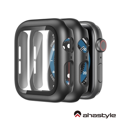 AHAStyle Apple Watch 硬殼防刮保護殼 一體式正面鋼化玻璃設計 兩組入 磨砂黑(40mm)