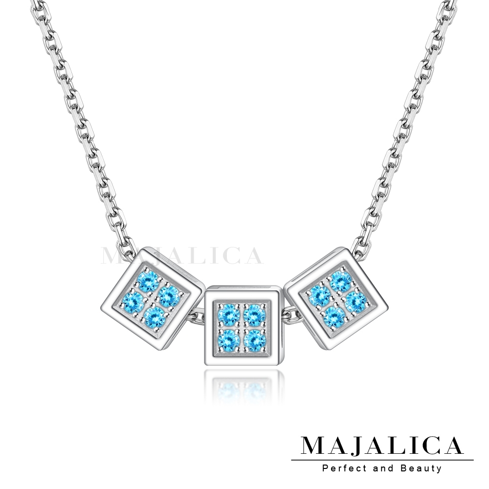 Majalica．925純銀項鍊．鎖骨鍊．簡約方塊-藍鋯