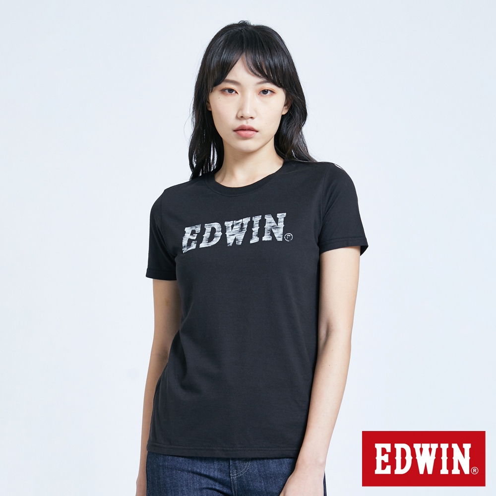 EDWIN 人氣復刻 花紗植絨LOGO短袖T恤-女-黑色