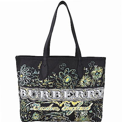 BURBERRY Doodle Canvas 兩面雙用 中型塗鴉格紋托特包(黑色)