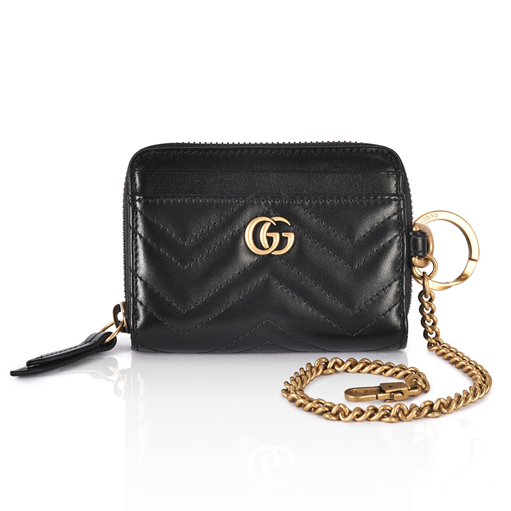 GUCCI Marmont2.0雙G LOGO山形紋皮革金屬鍊零錢包卡片夾-黑色