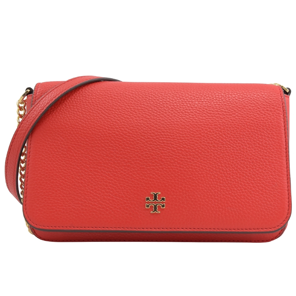 TORY BURCH 金屬LOGO牛皮翻蓋斜背包(紅)