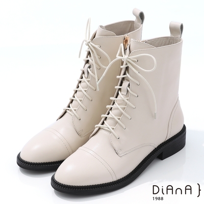 (時尚美靴)DIANA 3cm柔軟牛皮素色內刷羊絨布馬汀短靴-率性自我-米