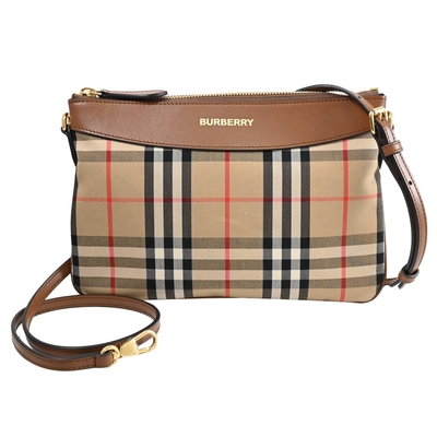 BURBERRY Peyton 燙金LOGO經典英式格紋拼接牛皮斜背扁包(咖)