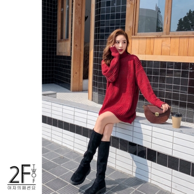 2F韓衣-韓系高領加厚寬鬆針織連身裙-2色(F)