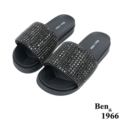 Ben&1966高級萊卡布流行水鑽涼拖鞋-黑(226431)