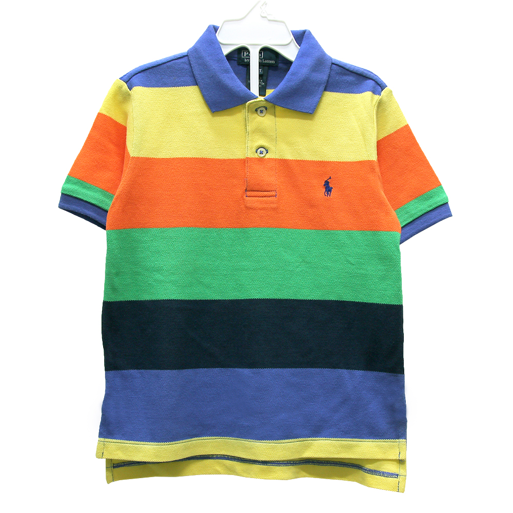 Ralph Lauren 小童小馬五彩寬橫條短袖POLO衫-藍黃橘綠(4/4T)