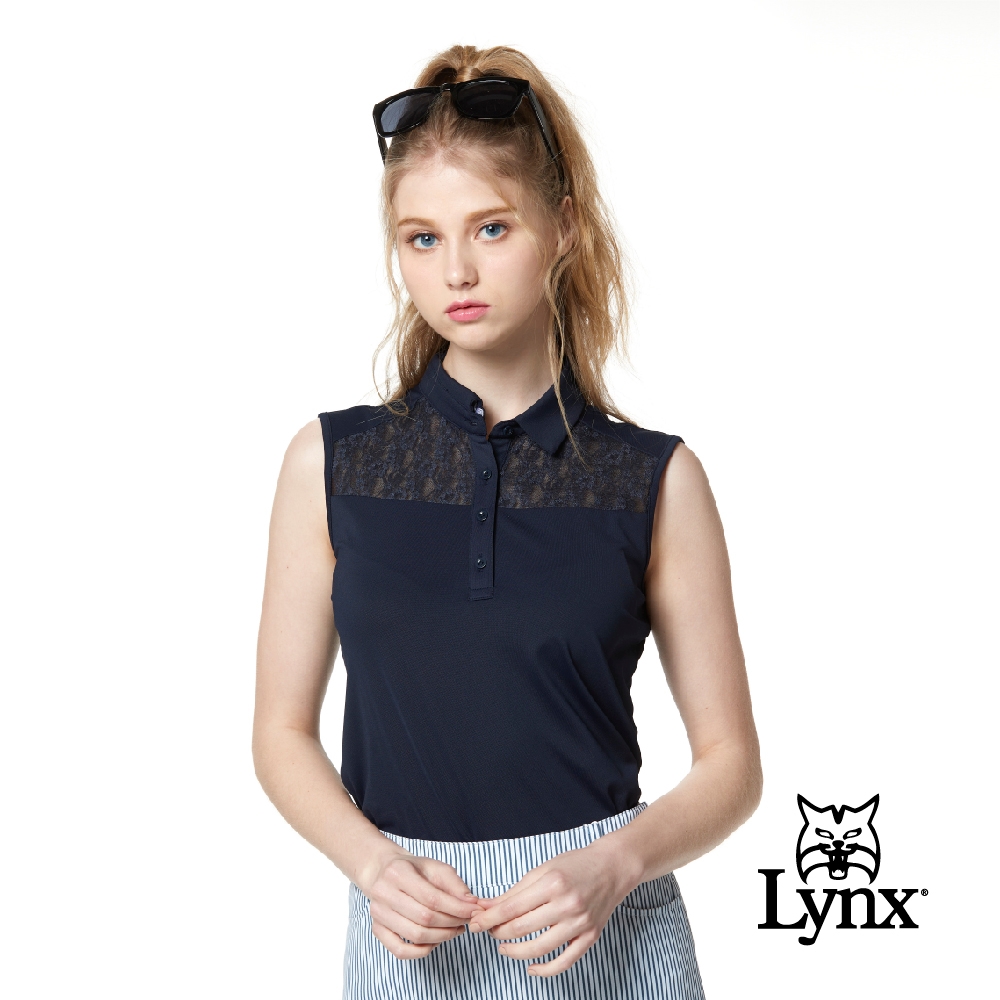 【Lynx Golf】Korea 女款蕾絲剪接素面無袖POLO衫-深藍色
