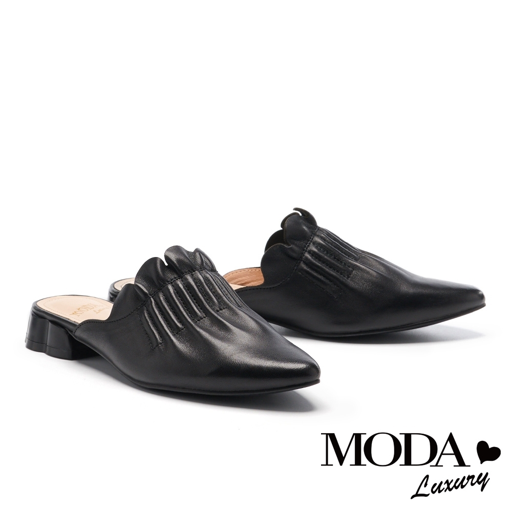 拖鞋 MODA Luxury 簡約少女系抓皺花辦造型穆勒低跟拖鞋－黑