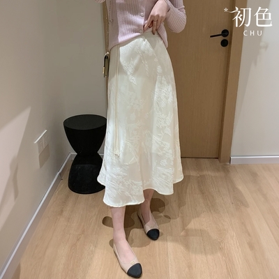 初色 新中式純色提花遮胯顯瘦中長裙A字裙半身裙-共2色-34810(M-XL可選)