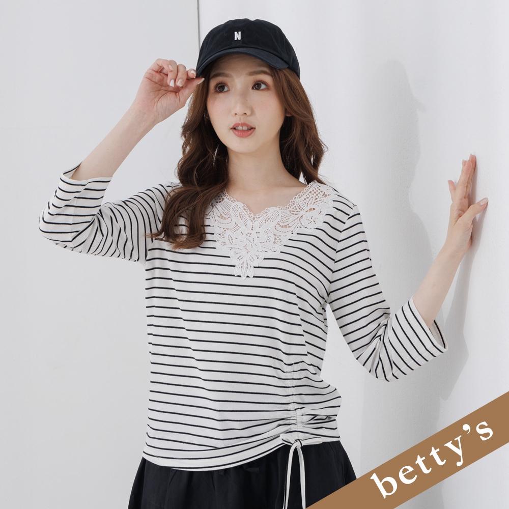 betty’s貝蒂思　蕾絲拼接細條紋V領長袖T-shirt(白色) (白色)