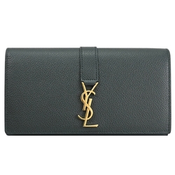 YSL Saint Laurent 金屬logo牛皮釦式長夾(墨綠)