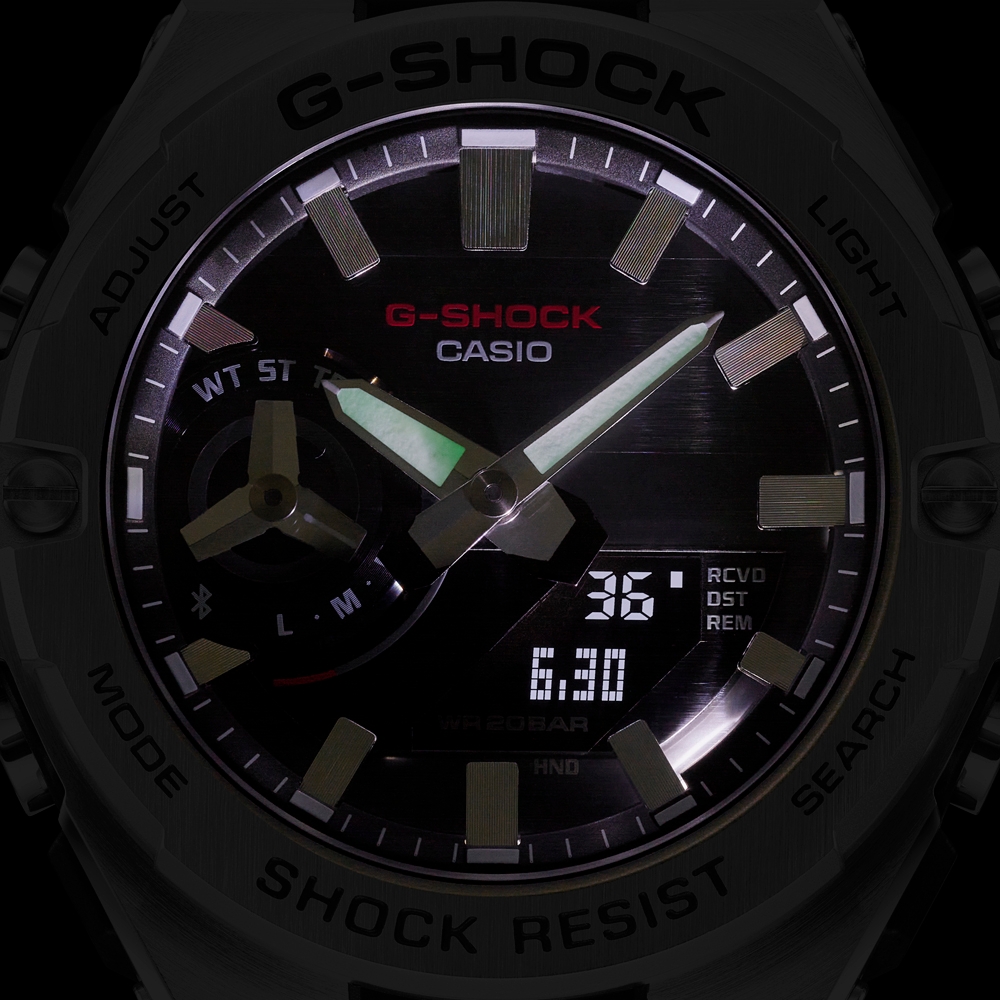 CASIO卡西歐G-SHOCK 藍牙太陽能電力碳纖維核心防護經典銀黑強悍輕薄GST