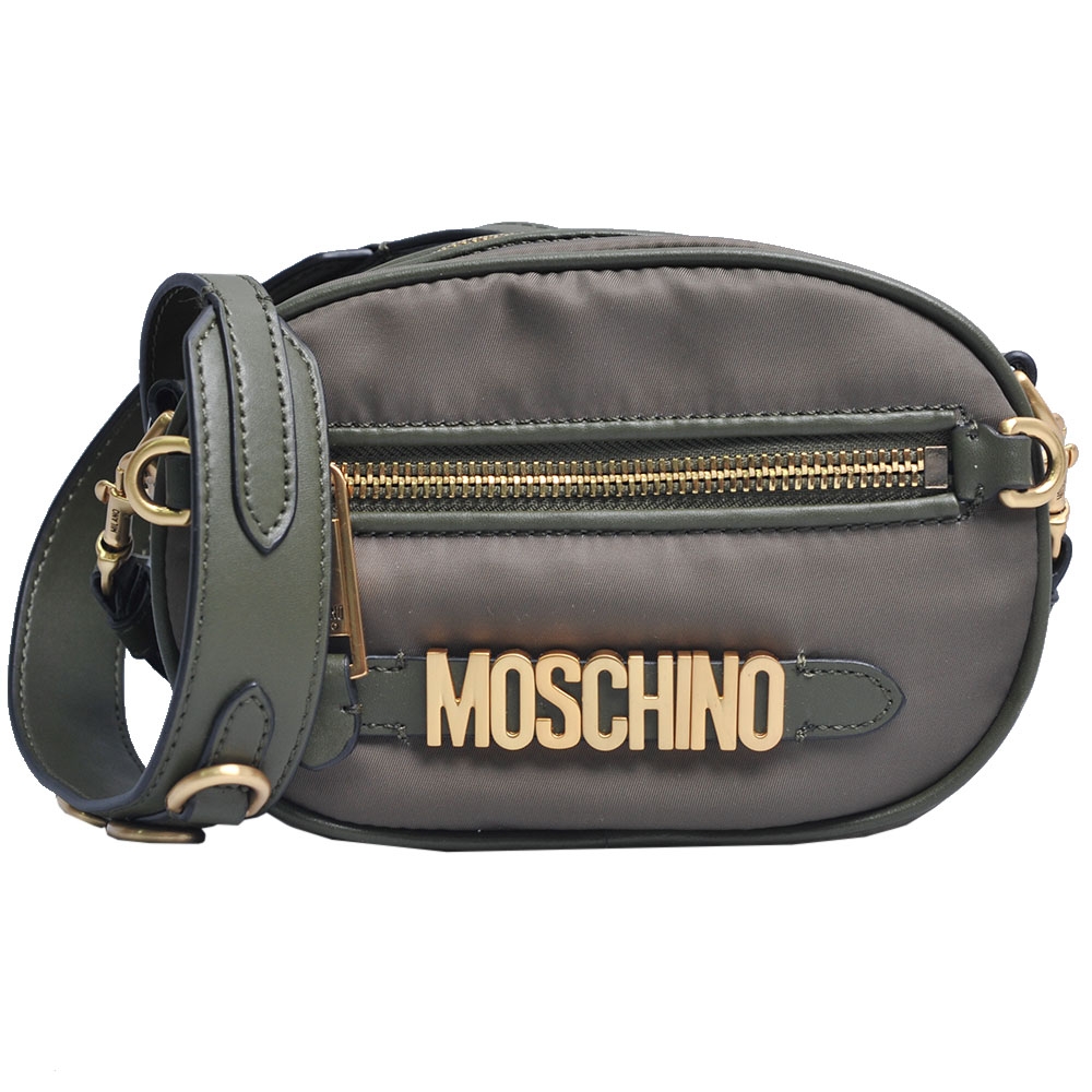 MOSCHINO 經典金色字母LOGO尼龍牛皮背帶飾邊斜背包(軍綠色/小)