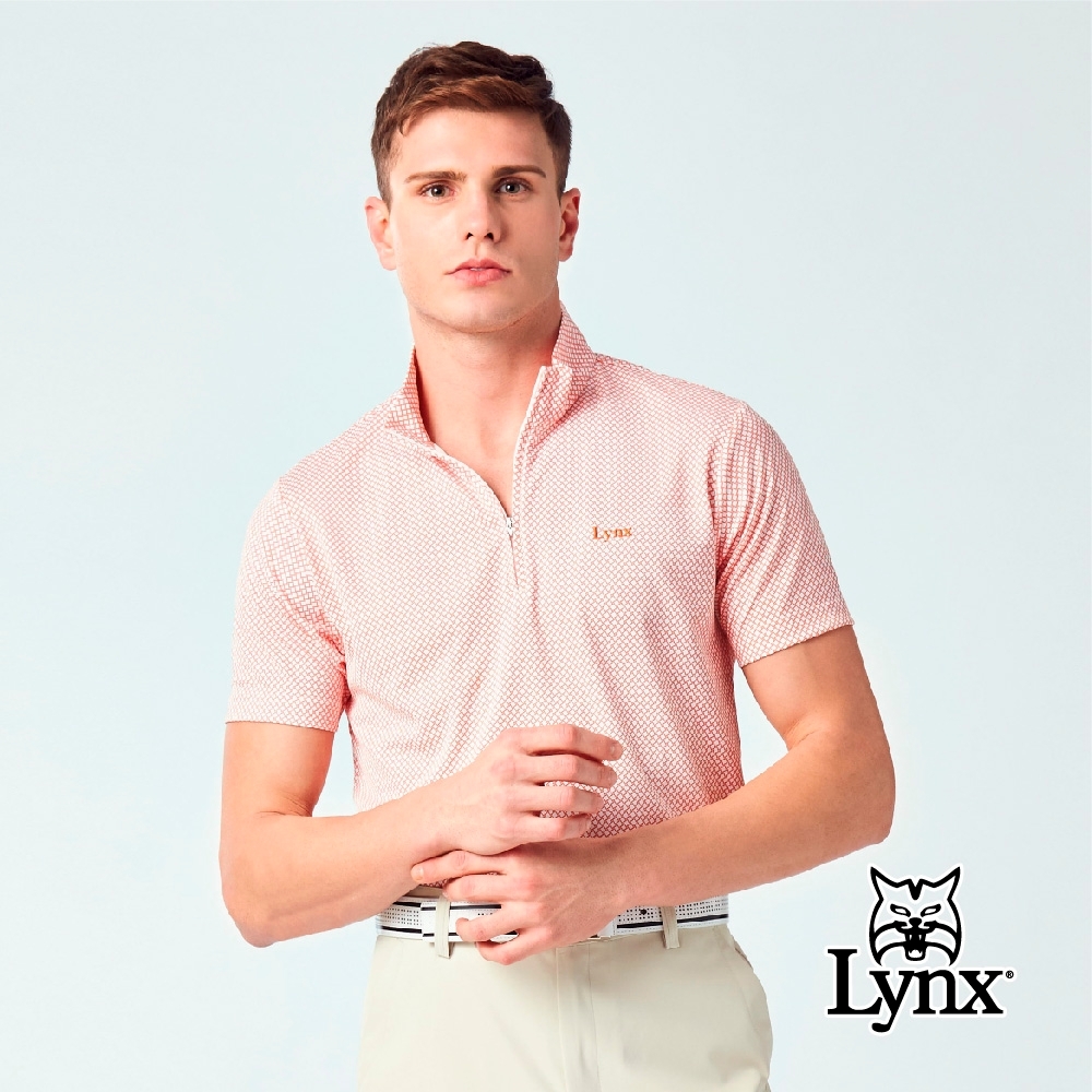 【Lynx Golf】男款吸濕排汗抗UV合身版小方格印花短袖立領POLO衫-橘色