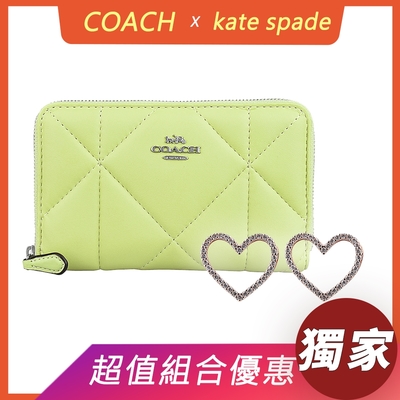 展示品COACH浮雕馬車LOGO菱格紋設計小牛皮拉鍊中夾(淺檸檬綠)+kate spade