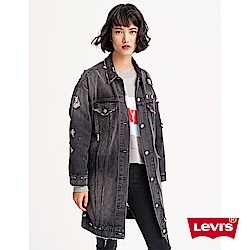 Levis 女款 牛仔外套 長版Oversize 黑灰破