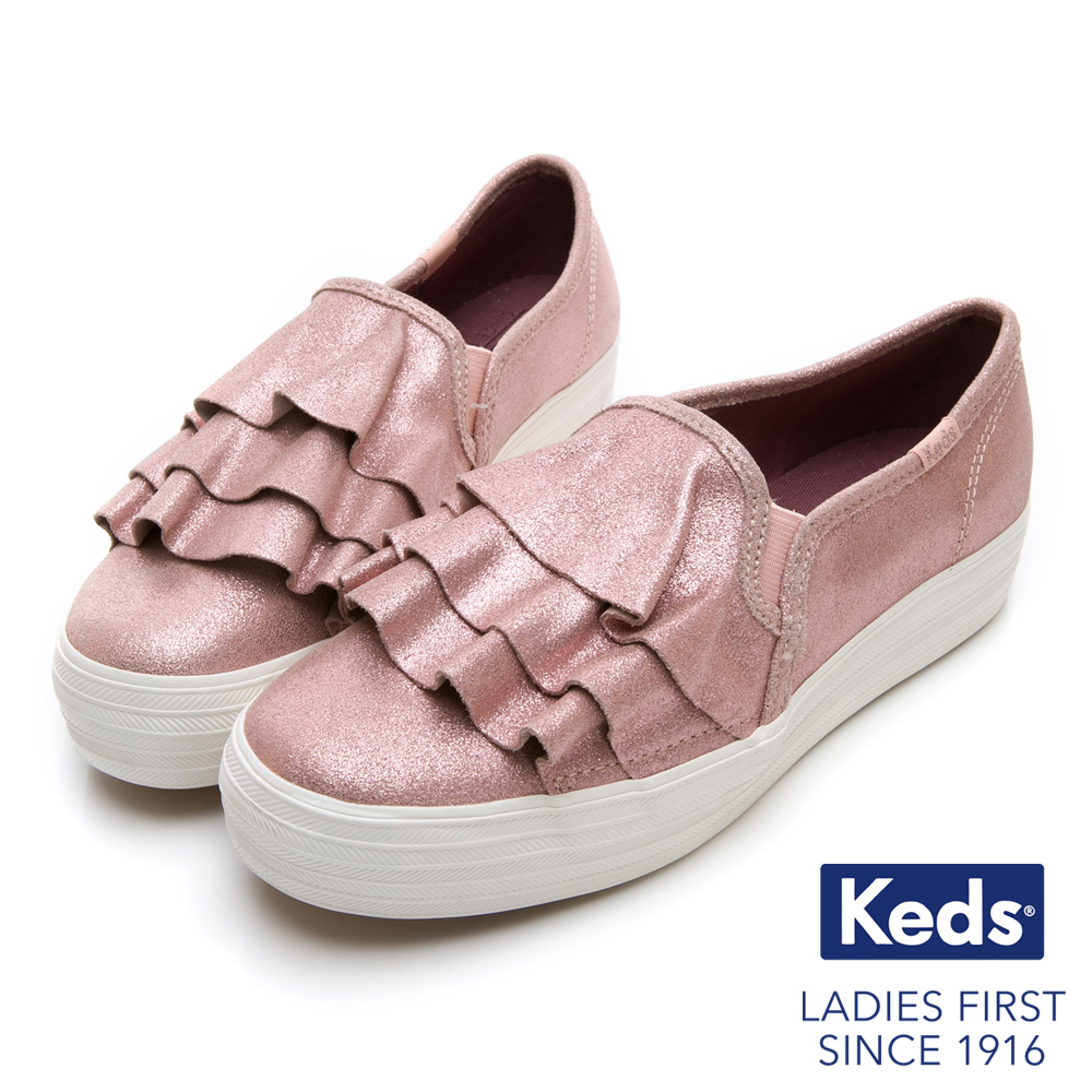 Keds TRIPLE RUFFLE 麂皮荷葉休閒鞋-玫瑰色