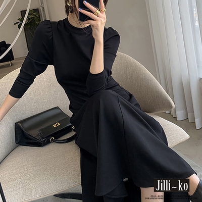 JILLI-KO 赫本風高級氣質新款秋冬顯瘦連衣裙- 黑色