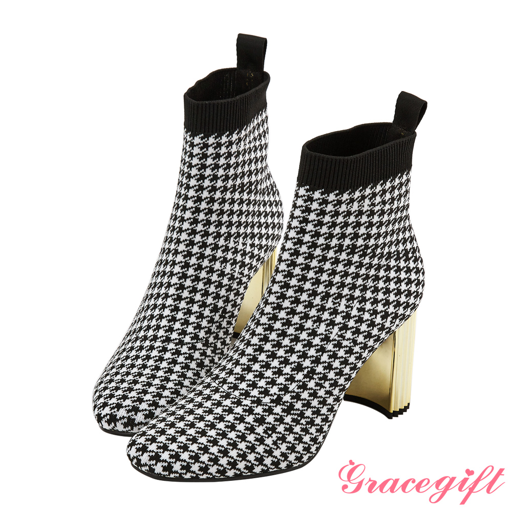 Grace gift X Wei唐葳-金屬造型跟針織襪靴 格紋