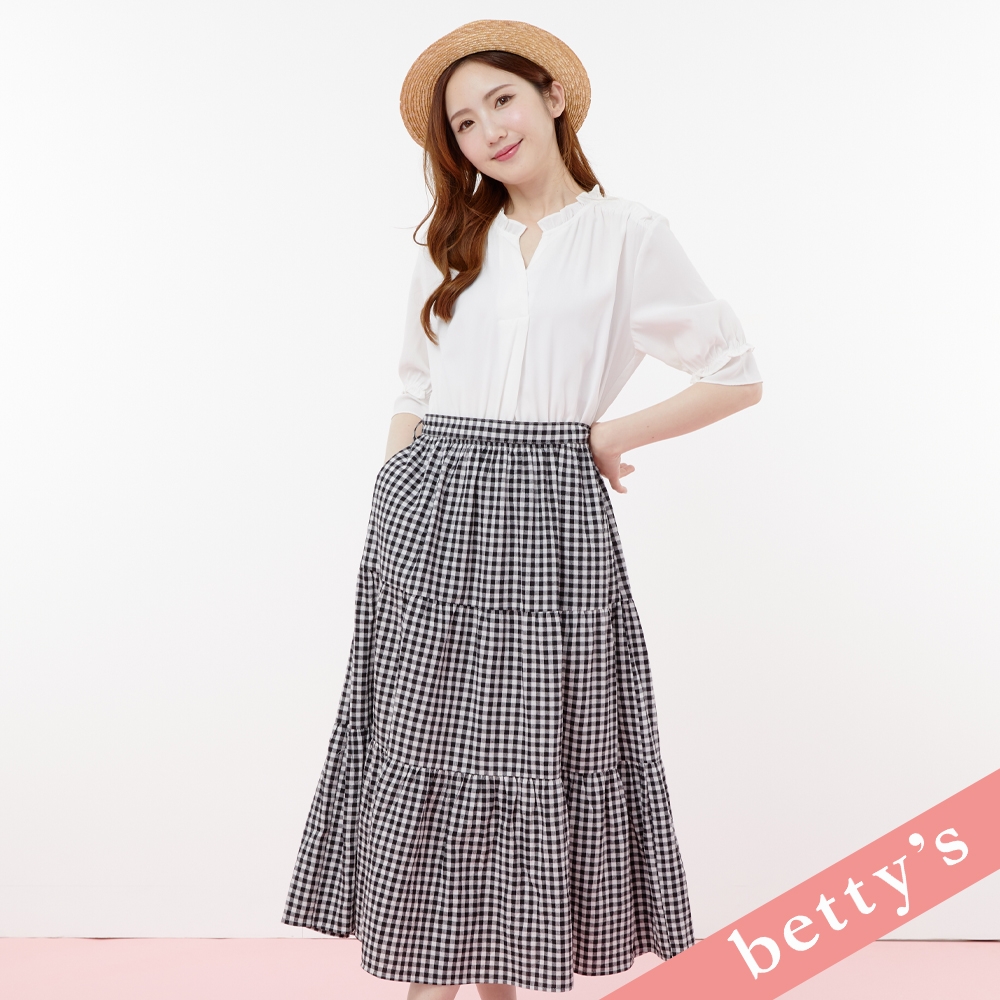 betty’s貝蒂思　鏤空蕾絲雪紡格紋長洋裝(黑格子)