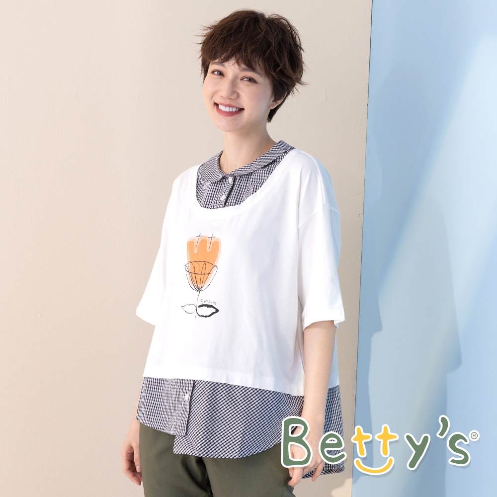 betty’s貝蒂思　假兩件格布領拼接印花上衣(黑格子)