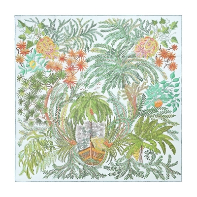 Hermes 愛馬仕 Le Jardin des Peintres 90 cm手工捲邊斜紋真絲雙面方巾(白/綠/深橘)