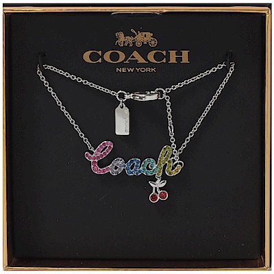 COACH 彩色水鑽草寫logo櫻桃造型手鍊(銀)