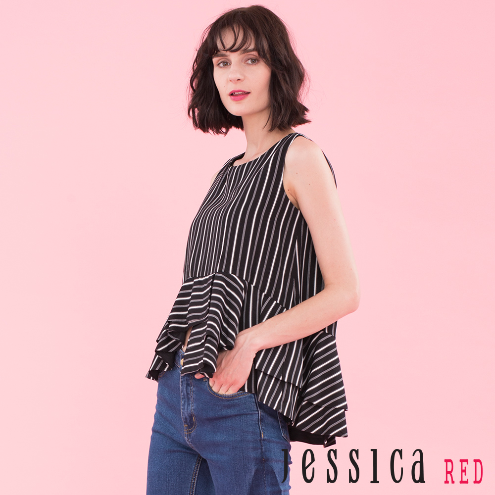 JESSICA RED - 條紋傘擺設計上衣（黑）