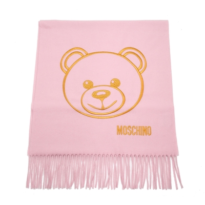 MOSCHINO 泰迪熊臉純羊毛寬版流蘇圍巾(008 粉紅)