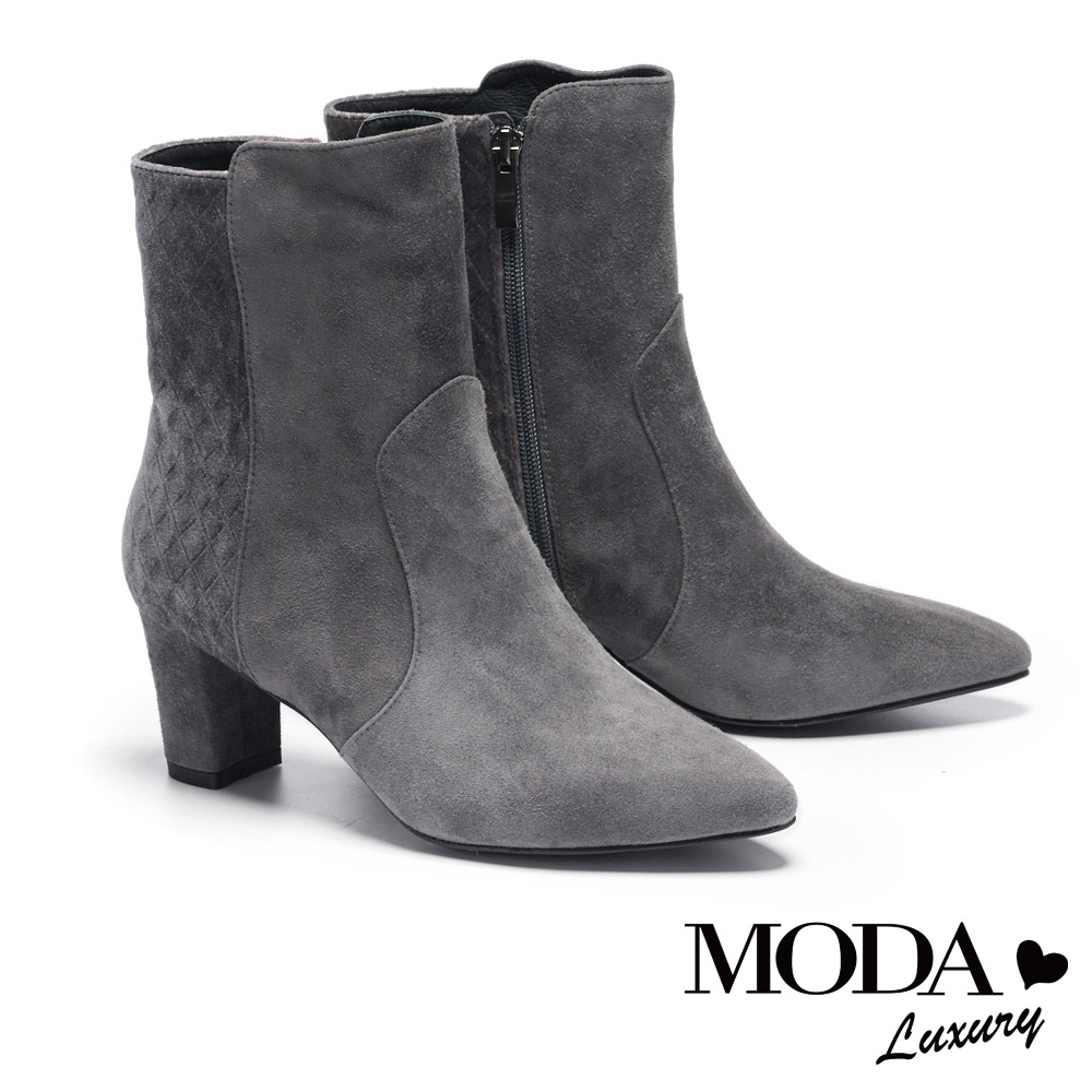 短靴 MODA Luxury 層次異材質菱紋拼接尖頭粗跟短靴－灰